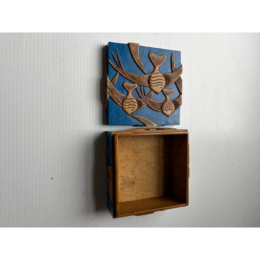 Vintage Taiwan Carved Soapstone Trinket Box Blue Angelfish Stone Jewelry Holder